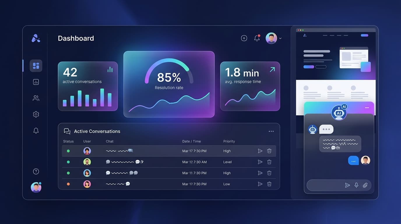 AI Agent Desk dashboard showing active conversations, WhatsApp integration and real-time analytics