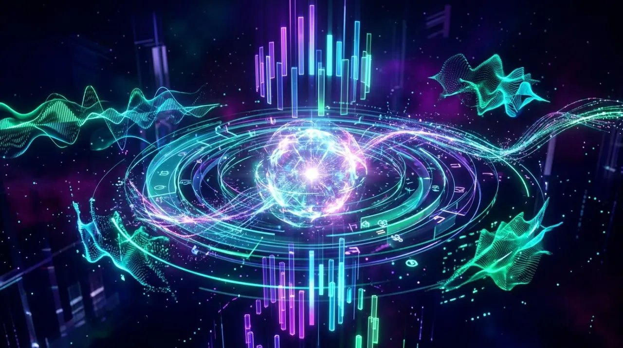 3D neon holographic radar charts and real-time performance metrics