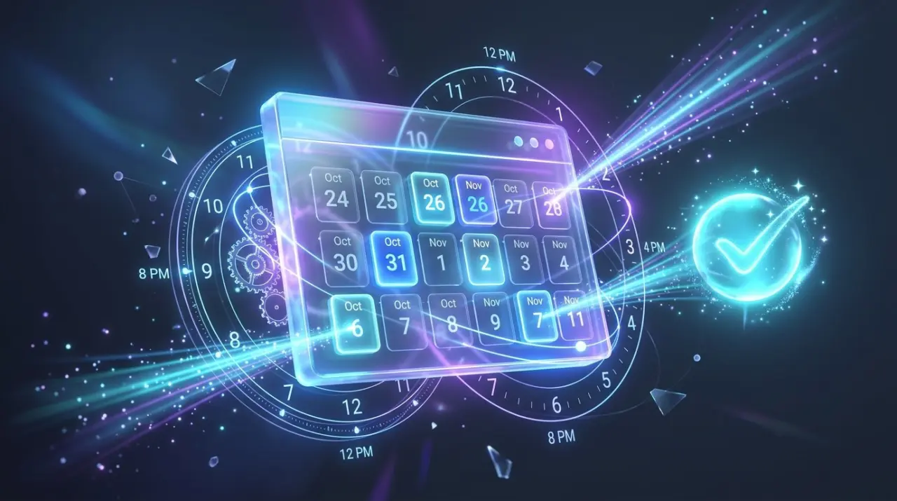 3D translucent glass calendar interface with appointment dials and verified checkmark
