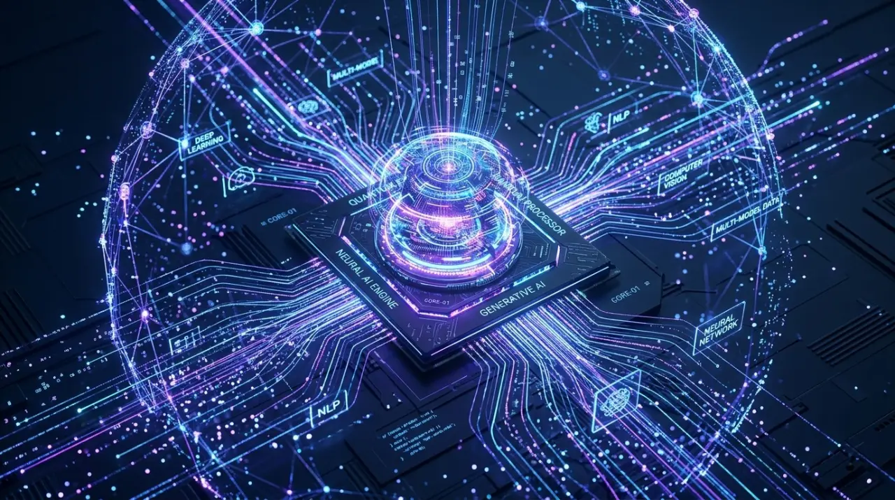Futuristic neural AI processor engine with glowing quantum data circuits